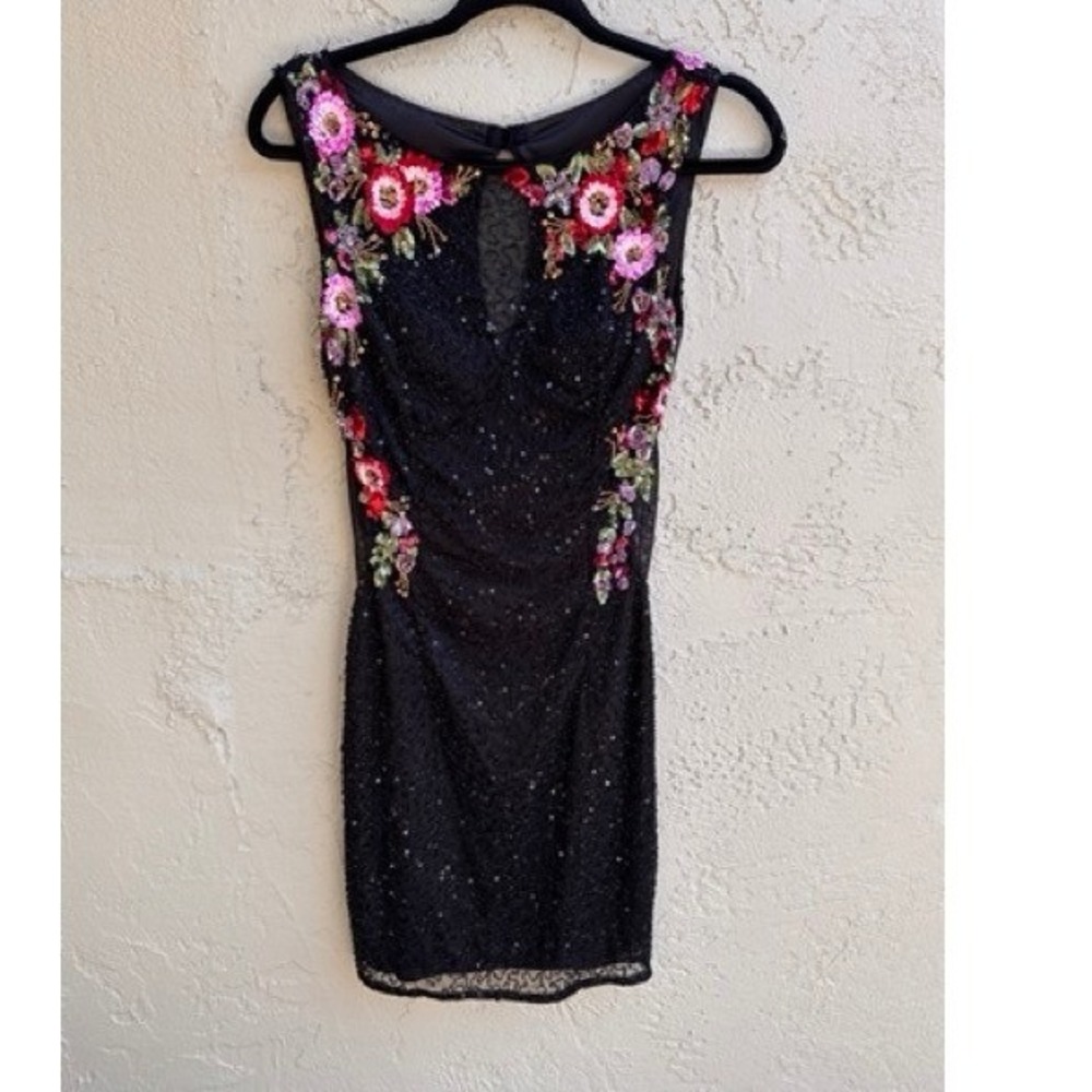 Primavera Couture NEW Black Floral Sequin Beaded Mini Dress SZ 2 Formal Glam - Picture 7 of 11